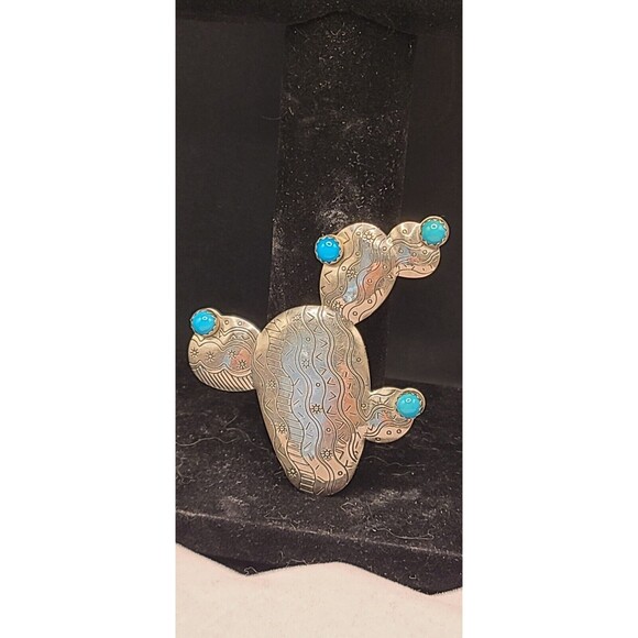 Carolyn Pollack Prickley Pear Cactus Brooch Sterling Vintage W/4 Turquoise Stone - Picture 2 of 4